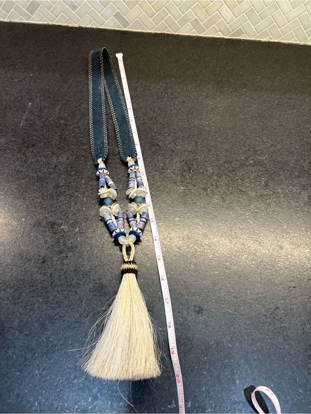 Twine & Twig Blue and Cream Tassel Necklace with horsehair tassel